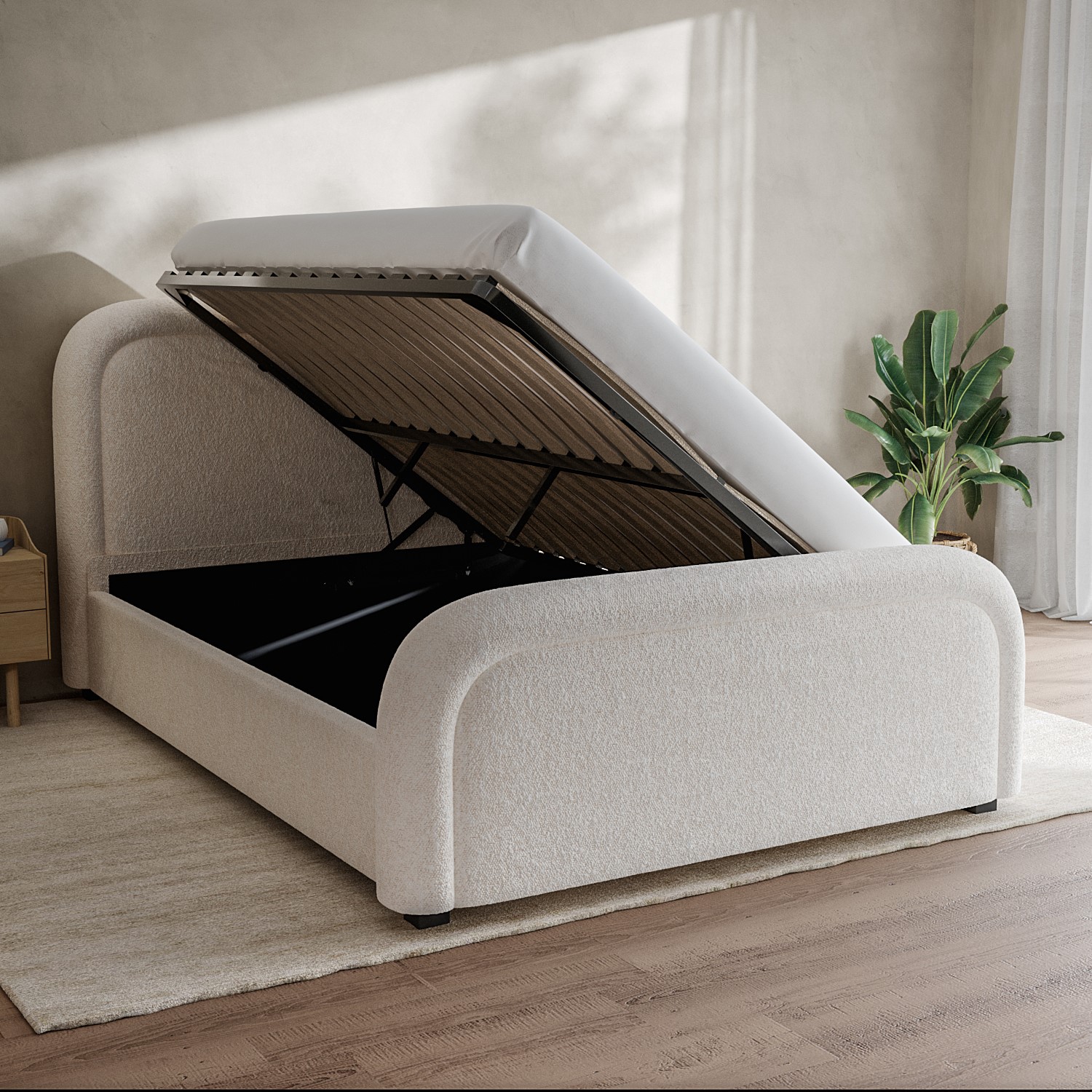 Read more about Off-white boucle king size ottoman bed with curved headboard naomi